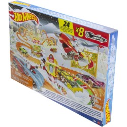 Hot Wheels - Calendario dell Avvento, 8 macchinine Hot Wheels a tema natalizio e accessori assortiti con tappetino da gioco - HC