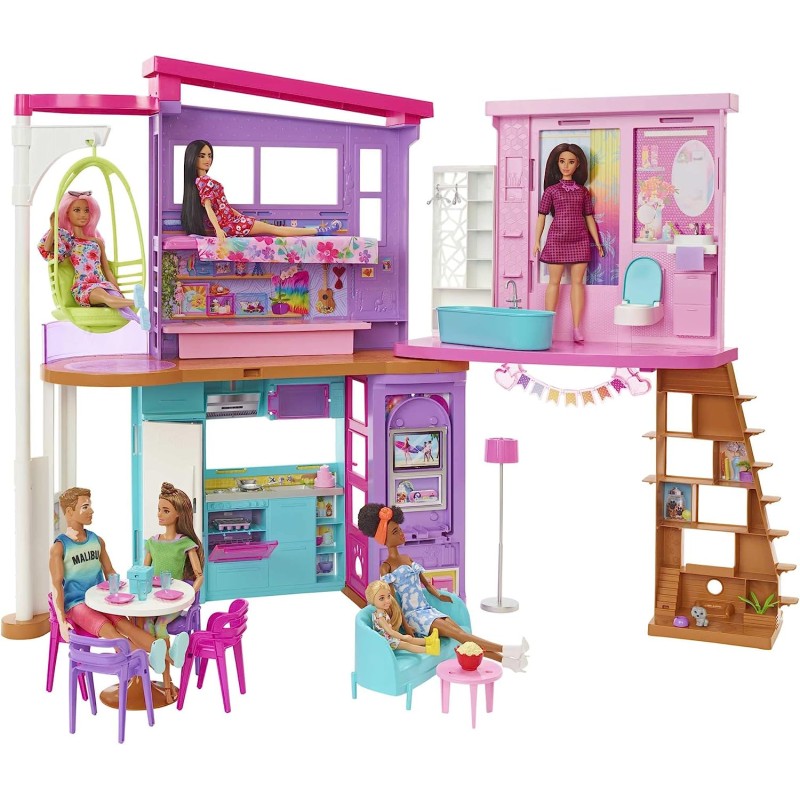 Barbie - Barbie Casa di Malibu (106 cm) Playset casa delle bambole con 2 piani, 6 stanze, ascensore altalena e più di 30 pezzi, 