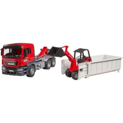 BRUDER 03767 - MAN TGS Autocarro con cassone scarrabile e pala compatta