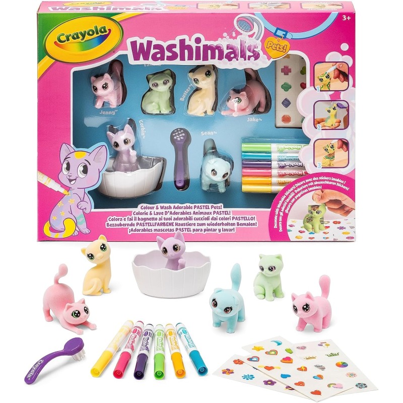 CRAYOLA - Washimals Pets- Set Attività con Adesivi Colori Pastello, per Colorare e Fare Il Bagnetto ai Cuccioli - 74-7515