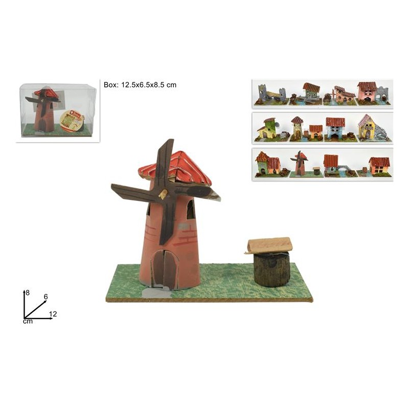 Set 4 Case Scenario Presepe Mulino Ruscello Altezza 8 cm in Legno e Cartone Casa Presepe Natale, 12 assortimenti