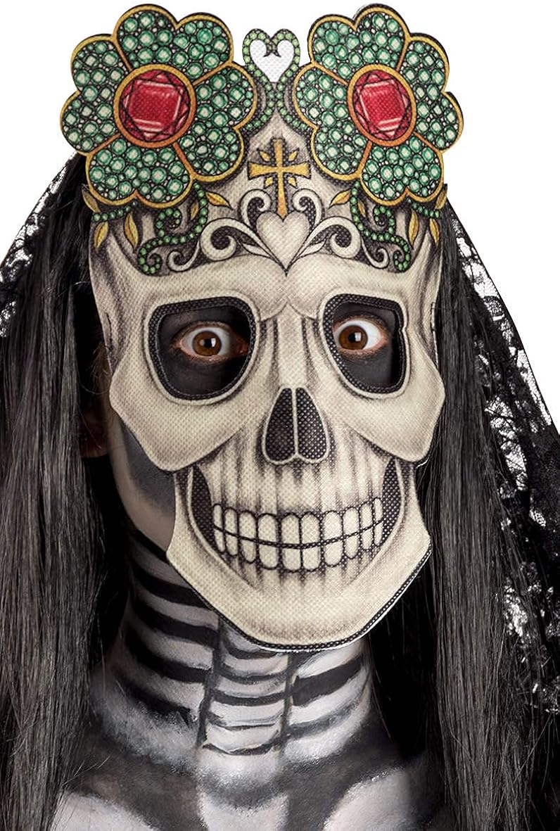Carnival Toys - Maschera Teschio con Fiori in Tessuto Dia de los Muertos  per adulto, in busta, 01786