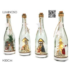 Bottiglia con scena natalizia all interno in vetro trasparente/legno illuminato, 30 cm, 4 modelli assortiti