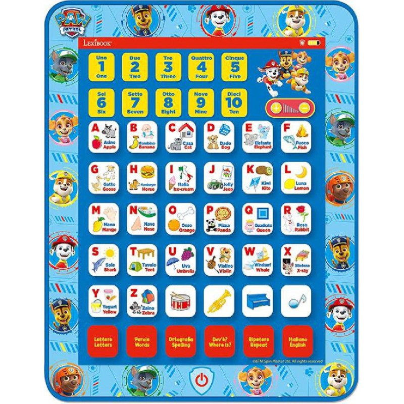 Lexibook - Tablet Touchscreen ed Effetti sonori Paw Patrol, bilingue per Imparare Lettere, Numeri, vocabolario e Musica, Italian