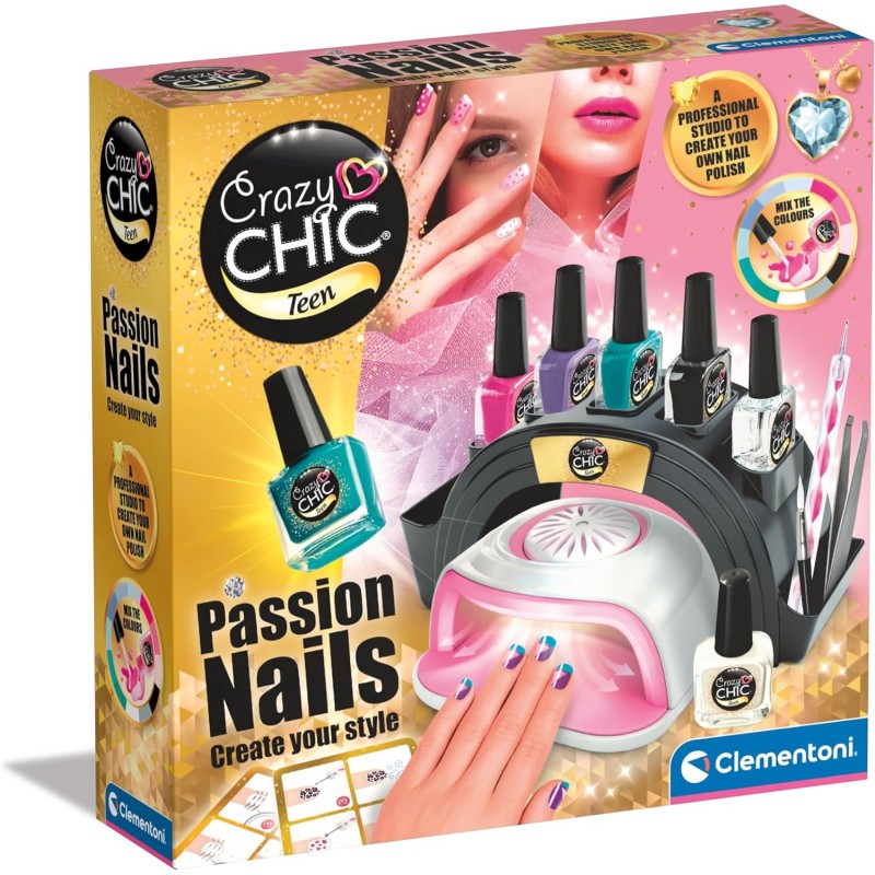 Clementoni - 18784 - Crazy Chic - Nail Passion Kit Colorati Lunga Durata, Professionali Decorazioni Unghie, con Macchina Asciuga