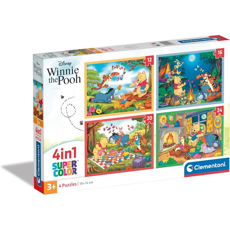 Clementoni - 21514 - Supercolor Disney Winnie The Pooh - 4 (12,16,20 e 24 Pezzi), Puzzle Cartoni Animati