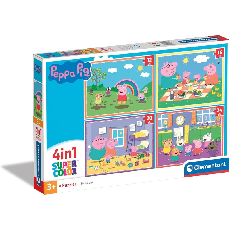 Clementoni - 21516 - Supercolor Peppa Pig - 4 (12,16,20 e 24 Pezzi), Puzzle Cartoni Animati