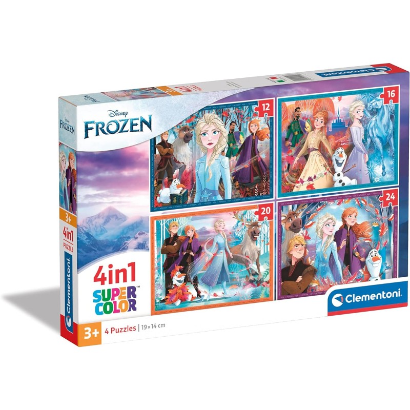 Clementoni - 21518 - 2 Supercolor Disney Frozen - 4 (12,16,20 e 24 Pezzi), Puzzle Cartoni Animati
