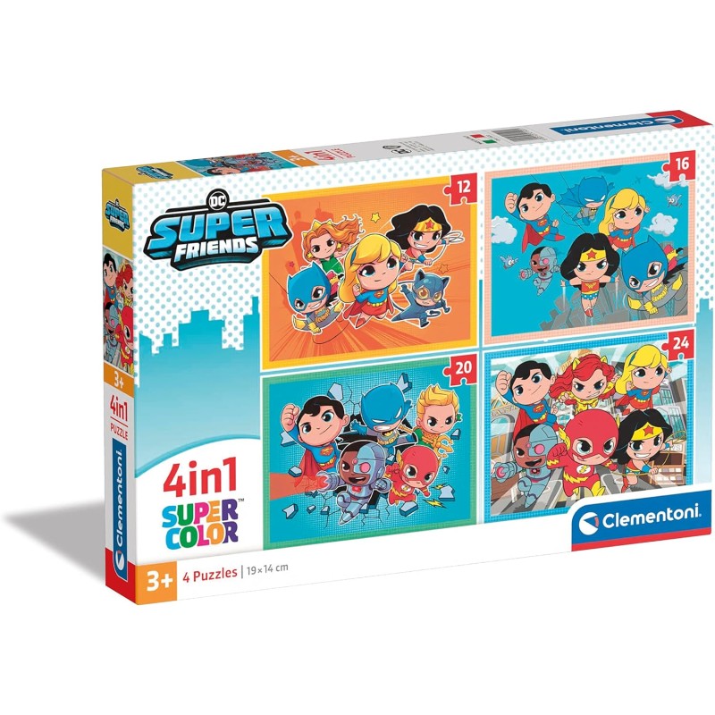 Clementoni - 21520 - Superfriends Supercolor Dc Comics Super Friends - 4 (12,16,20 e 24 Pezzi), Puzzle Cartoni Animati