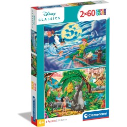 Clementoni - 21613 - Disney Frozen Peter Pan + The Jungle Book Supercolor Classics  -2X60 (Include 2 60 Pezzi), Puzzle Cartoni A