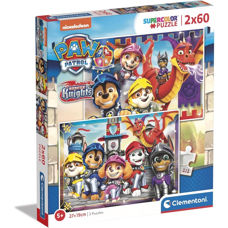 Clementoni - 21621 - Paw Patrol Supercolor Patrol - 2X60 (Include 2 60 Pezzi), Puzzle Cartoni Animati