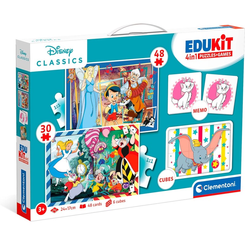 Clementoni - 18290 - Edukit 4 in 1 - Disney Classics Set di Giochi 30, 48 Pezzi, Memo e 6 Cubi, Educativo, Gioco Memory, Puzzle 