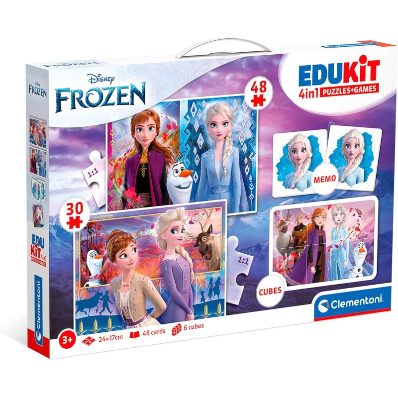 Clementoni - 18292 - Edukit 4 in 1  -Disney Frozen - Set di Giochi 30, 48 Pezzi, Memo e 6 Cubi, Educativo, Gioco Memory, Puzzle 