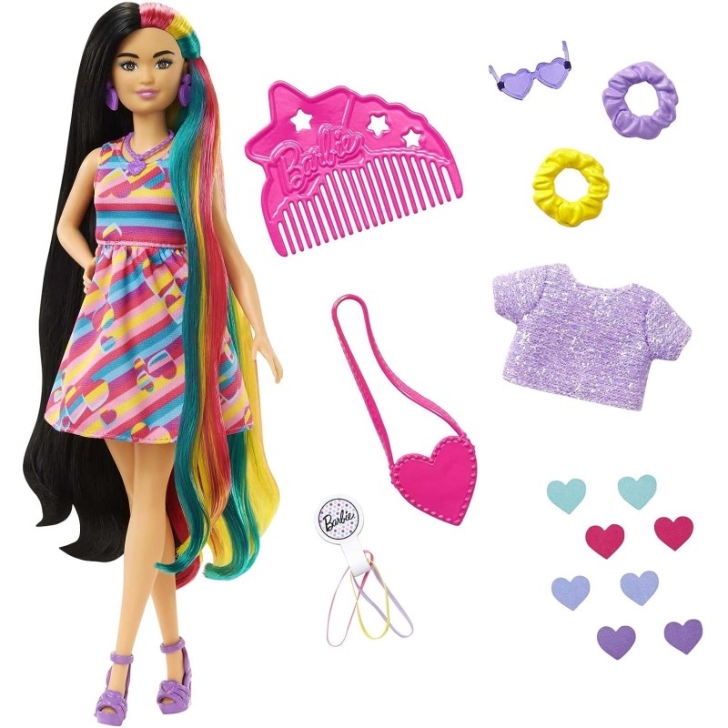 Mattel - Barbie - Super Chioma Bambola Petite con abito a cuori, capelli fantasia lunghi 21,6 cm, 15 accessori alla moda - 8 con