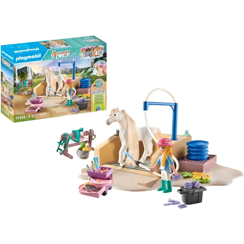 PLAYMOBIL Horses of Waterfall 71354 - Area di cura e lavaggio per cavalli, giri in lungo e in largo e selfie in comune