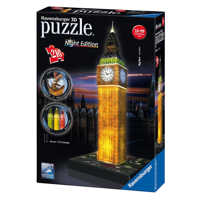 Ravensburger - 3D Puzzle Big Ben Night Edition con Luce, Londra, 216 Pezzi, 8+ Anni