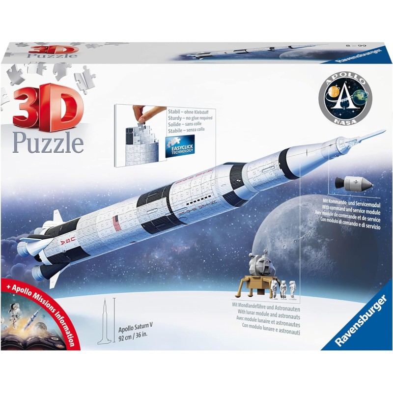 Ravensburger - 3D Puzzle Apollo Saturn V Rocket, Razzo Spaziale, 504 Pezzi,  8+ Anni