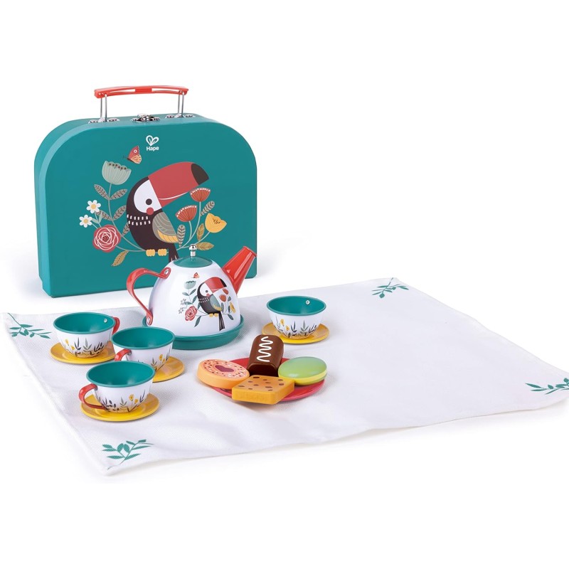 Hape - Ora del Tè | Set da gioco servizio da tè con valigetta, teiera, tazze, biscotti e telo da picnic E3185