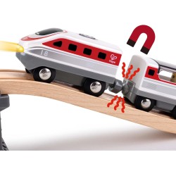 Hape Treno Intercity a batteria 3+ - Trenino moderno con passeggero compatibile con vagoni a giunto magnetico e binari in legno 