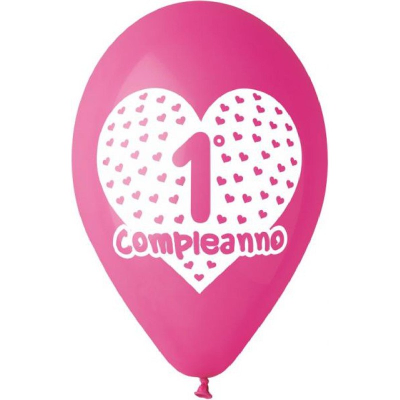 PALLONCINI LARGE ELIO 1° COMPLEANNO ROSA 5PZ IN BUSTA Ø 30CM, P-9333