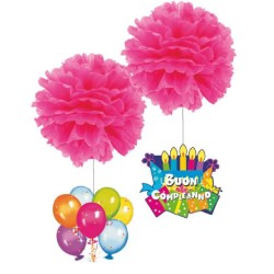 POM POMS ROSA Ø 40CM CON PENDENTE TORTA E PALLONCINI, CS-6990