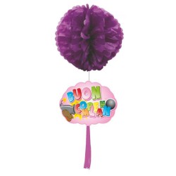 POM POMS LILLA Ø 40CM CON PENDENTE BUON COMPLEANNO ROSA, CS-6985