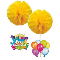 POM POMS GIALLO Ø 40CM CON PENDENTE TORTA E PALLONCINI, CS-6989