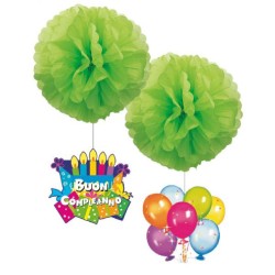 POM POMS VERDE Ø 40CM CON PENDENTE TORTA E PALLONCINI, CS-6991