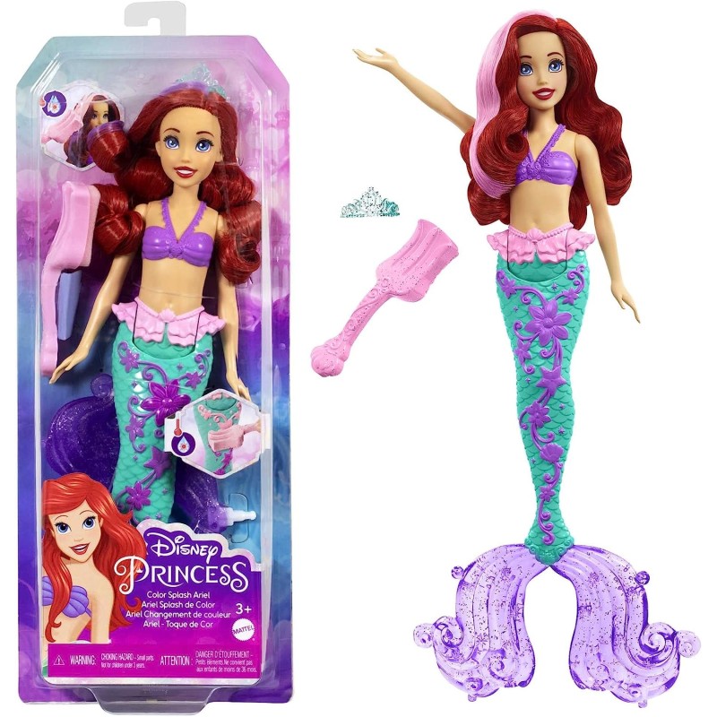 Mattel - Disney Princess - Ariel Cambia Colore, bambola sirenetta con capelli e coda cambia colore, giocattolo acquatico ispirat