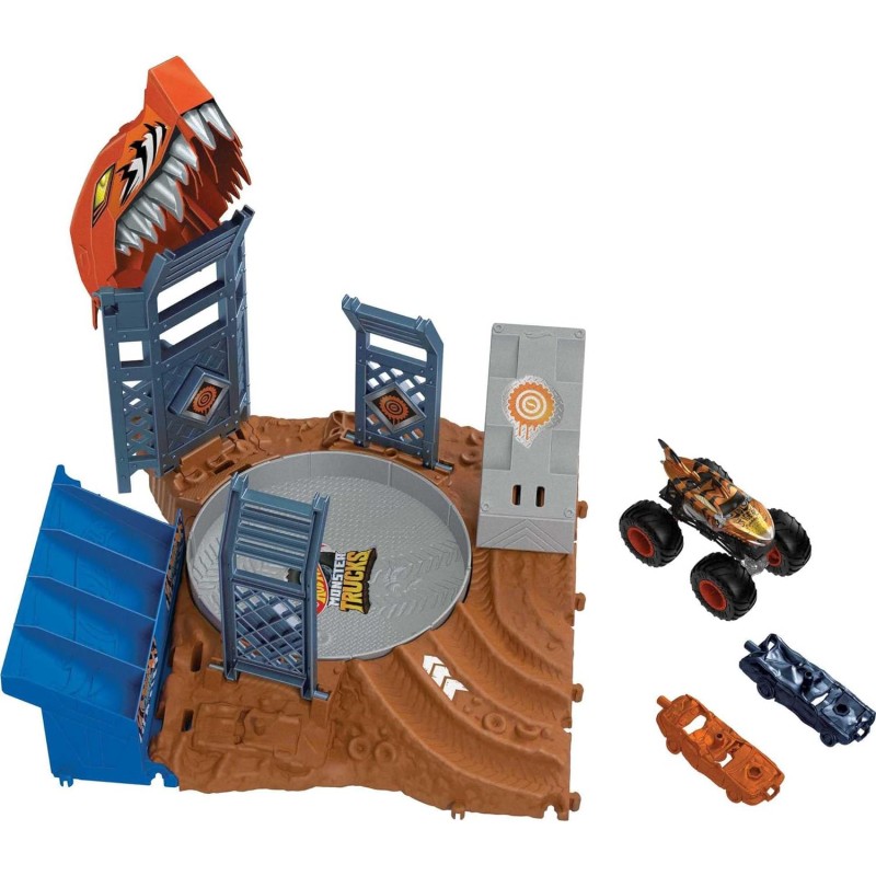 Mattel - Hot Wheels Monster Trucks Arena degli Scontri, Sfida in Testacoda con Tiger Shark, playset con un truck e 2 macchinine 