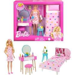 Mattel - Barbie - Set Camera da letto di Barbie, include una bambola in pigiama rosa e pantofole, un gattino, letto, specchiera 