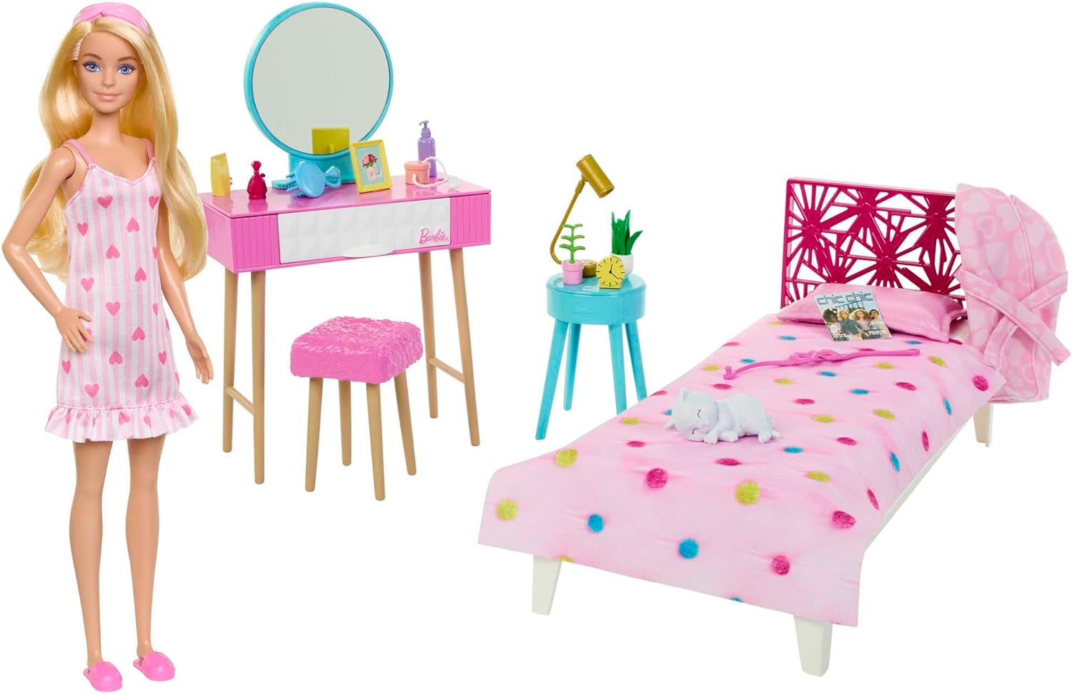 Mattel - Barbie - Set Camera da letto di Barbie, include una bambola in  pigiama rosa e pantofole, un gattino, letto, specchiera