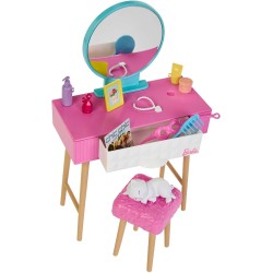 Mattel - Barbie - Set Camera da letto di Barbie, include una bambola in pigiama rosa e pantofole, un gattino, letto, specchiera 