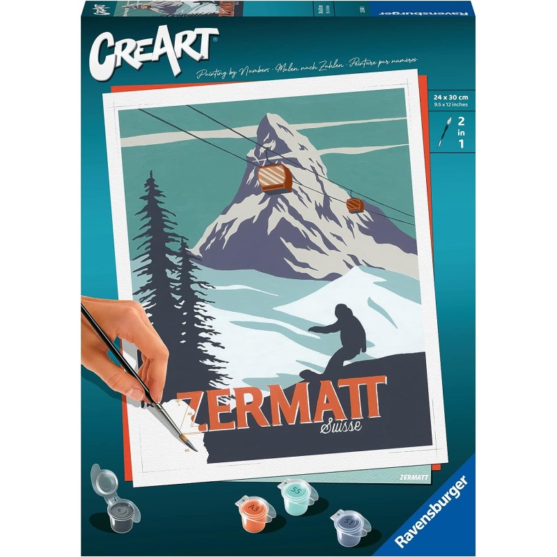 Ravensburger - CreArt Zermatt in Svizzera, Kit per Dipingere con i Numeri,  Contiene Tavola Prestampata 24x30 cm