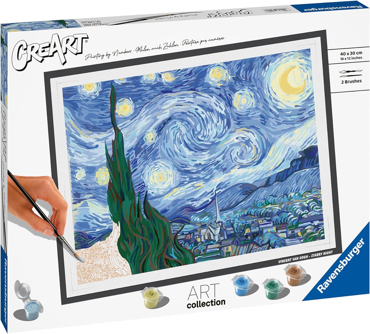 Ravensburger - CreArt ART COLLECTION Van Gogh: Notte stellata, Kit per  Dipingere con i Numeri, Contiene Tavola Prestampata 30 x