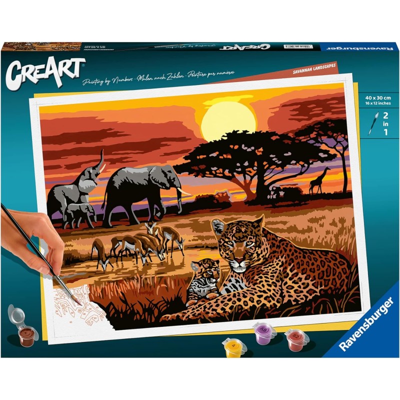 Ravensburger - CreArt Vita nella Savana, Kit per Dipingere con i Numeri, Contiene Tavola Prestampata 30x40 cm, Pennello, Colori 