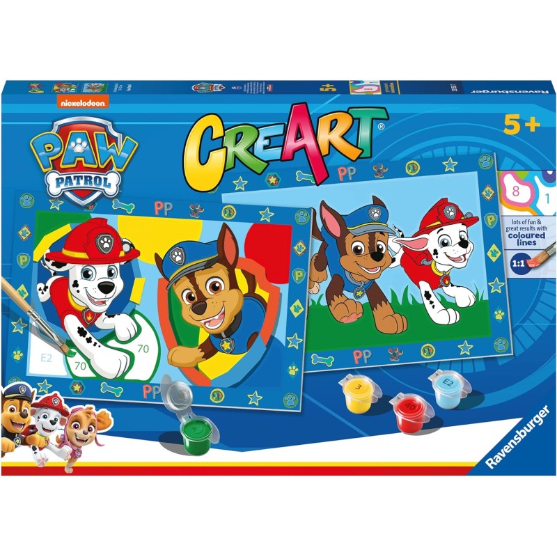 Ravensburger - CreArt Serie Junior, Paw Patrol, Kit dipingere con i Numeri, contiene 2 tavole prestampate, Pennello, Colori, Gio