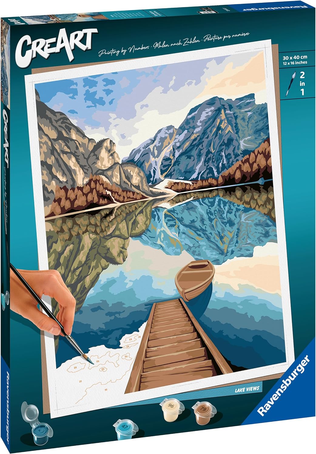 Ravensburger - CreArt Lago di montagna, Kit per Dipingere con i Numeri,  Contiene Tavola Prestampata 30 x 40 cm, Pennello, Colori