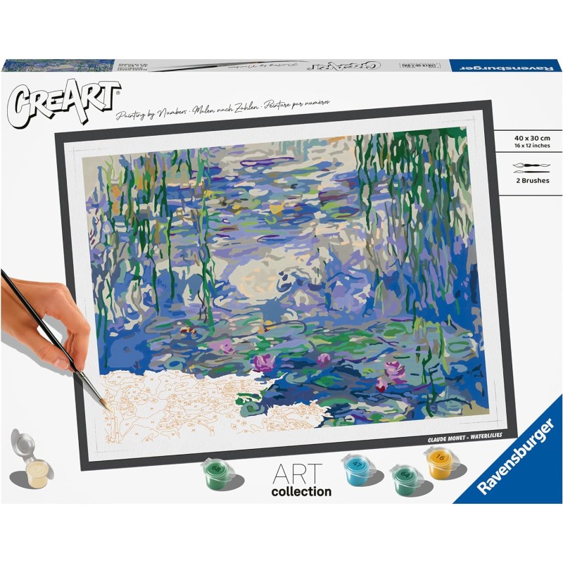 Ravensburger - CreArt ART COLLECTION Monet: Le ninfee, Kit per Dipingere con i Numeri, Contiene Tavola Prestampata 30 x 40 cm, 2