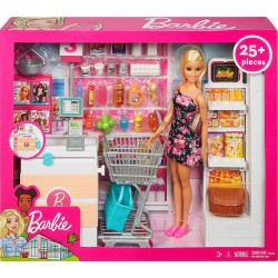 Barbie - Il Supermercato di Barbie, playset con Bambola, carrello con ruote che girano e nastro trasportatore funzionante