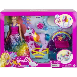 Barbie Dreamtopia Playset Unicorno con Barbie Royal, unicorno con effetto cambia-colore e 18 accessori, GTG01