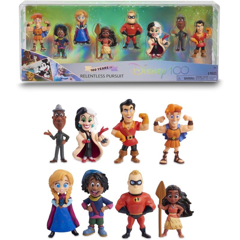 Disney 100 - Pack Rentless Persuit, giocattolo da collezione con personaggi Disney, include 8 figure diverse, licenza ufficiale 