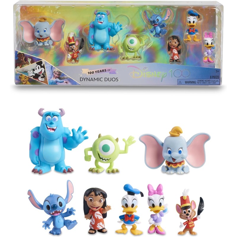 Disney 100 - Confezione Dynamic Duos, giocattolo da collezione con personaggi Disney, include 8 figure diverse, licenza ufficial