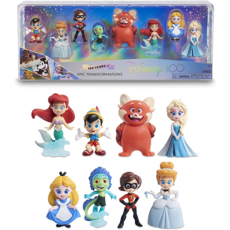 Disney 100 - Pack Epic Transformations, giocattolo da collezione con personaggi Disney, include 8 figure diverse, licenza uffici