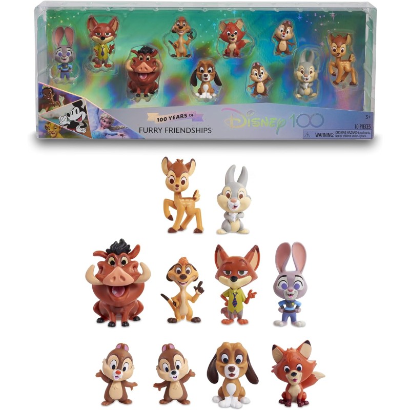 Disney 100 - Pack Furry Friendship, giocattolo da collezione con personaggi Disney, include 8 figure diverse, licenza ufficiale 