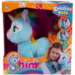 Emotion Pets, Shiny Peluche Unicorno Interattivo con Spazzola e 2 Fermagli, Color Azzurro e Criniera e Coda Color Arcobaleno MTM