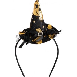 Carnival Toys - Cappellino Strega Nero con Decorazioni Oro con Cerchietto h. 9 cm circa, 03947