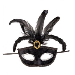 Carnival Toys - Maschera In Plastica Velluto Nero e Decorazioni in Piuma Nere, 01992