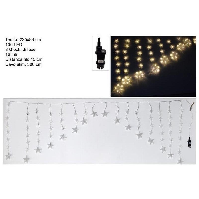 Ghirlanda di tende a stella 136 LED 16 fili bianco caldo 2,25 m x 88 cm