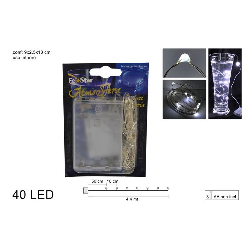 Christmas Presents LUCI di Natale 40 LED Bianco Freddo 20W Uso Interno Cavo Filo Metallico A BATTERIE